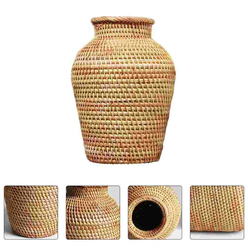 Rattan Vase Wicker Flower Basket Rustic Vintage Decor House Plants Home Desktop Woven Dry Container Large Office