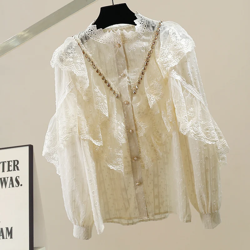 

Модная женская блузка из шифона с кружевными вставками, длинными рукавами и воротником-стойкой, из смесового полиэстера, новинка зимы