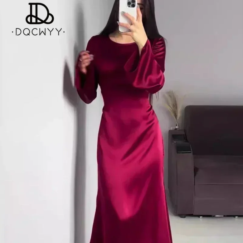 Spring Autumn 2024 New Lace Up Waist Slimming Lace Wine Red Color Long Dresses Sleeved British Style Elegant Dresses for Women