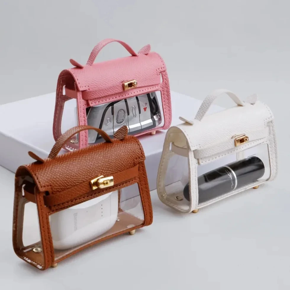 Mini Clear Leather Car Bag Keychain Wallet For Car Key Perfume Lipstick Coin Earphone Case for Apple Airpods Box With Chain