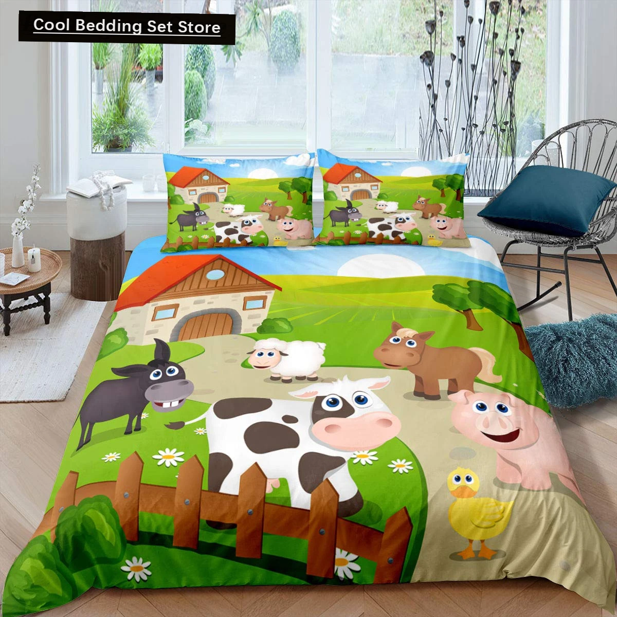 Farm Animals King Queen Duvet Cover Cartoon Farmhouse Cow Pig Duck Bedding Set for Boys Girls Sheep Green Polyester Quilt Cover