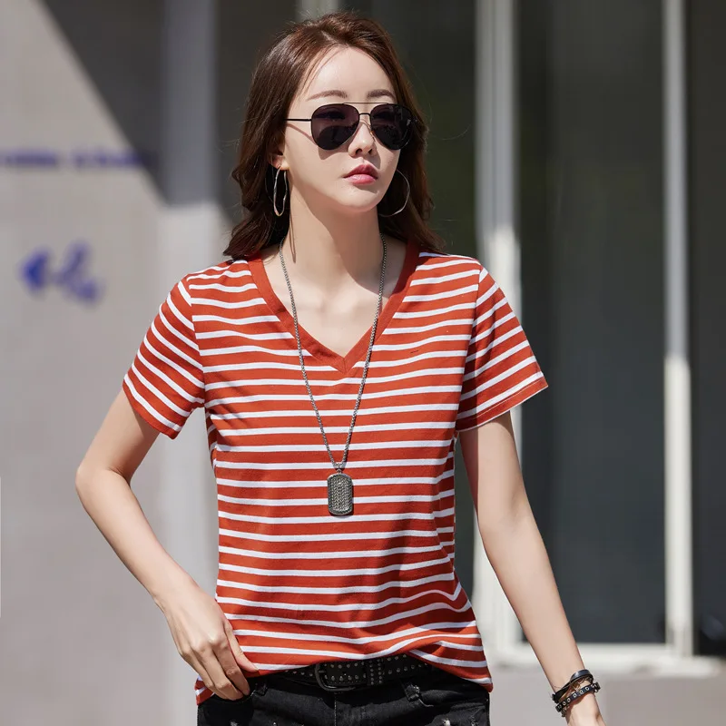 #0537 Summer Short Sleeve T Shirt Women Split Joint V-neck Striped T Shirt Femme Slim Cotton Short Tee Office Streetwear T-shirt