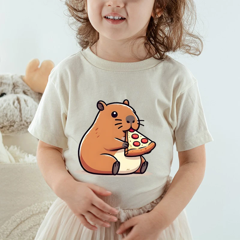 

Capybara Eat Pizza Print Cartoon Kids T Shirt Cute Animal Capybara Streetwear Funny Boys Girls Clothing