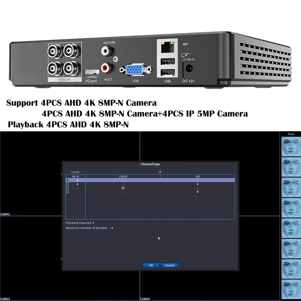 8CH 4K-N 2K 5MP AHD DVR AI H.265 Hybrid 8 Megapixel NVR Digital Video Recorder for 2MP 4MP 5MP 8M AHD/TVI/CVI/XVI/IP Cameras