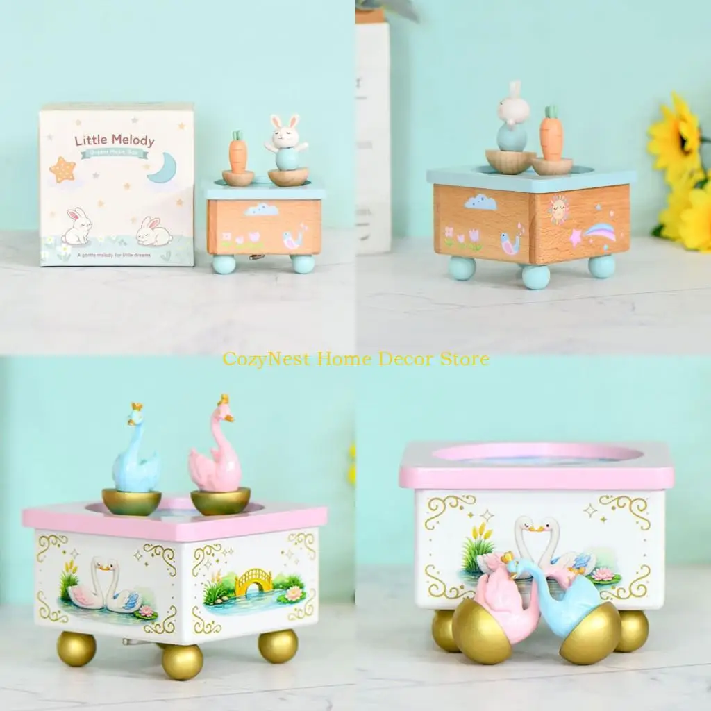 92MF Mechanism Musical Box Wooden Wind Up Music Box Wood Display Keepsakes Box with Manual Winding and Turning Figures for