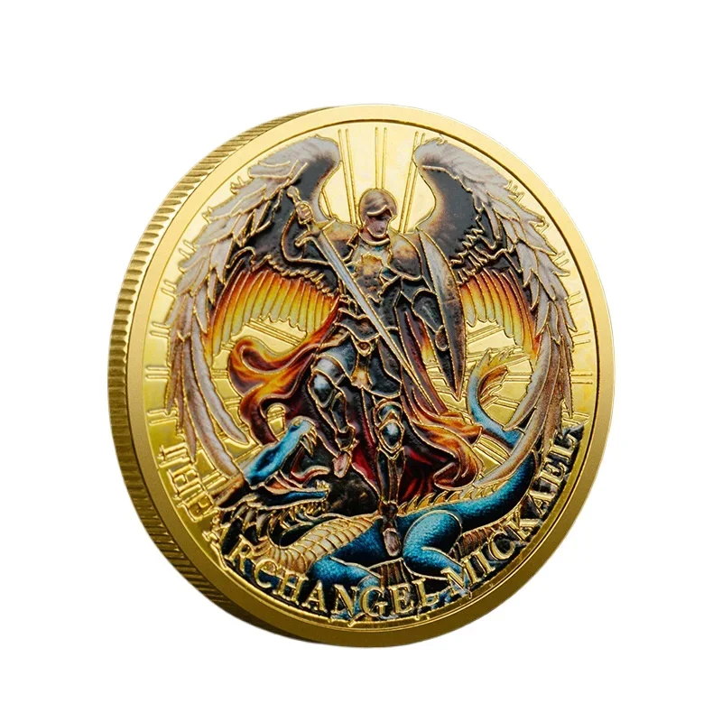 Moneda coleccionable chapada en oro del Arcángel Michael, monedas conmemorativas del Ángel guardián del Arcángel