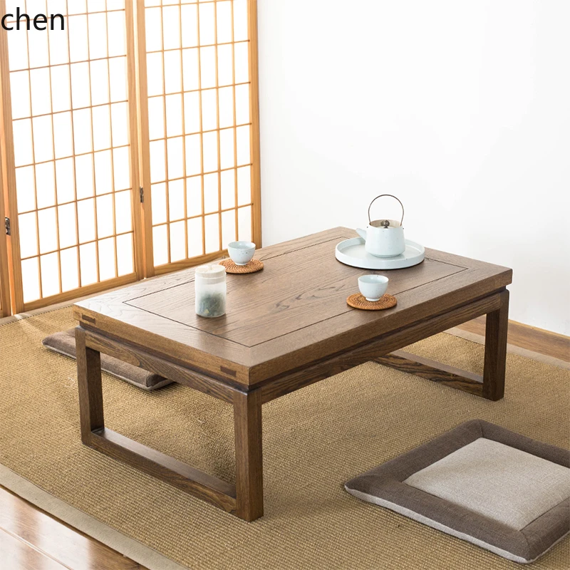 HT Old Elm Wood Tatami Tea Table Solid Wood Bay Window Table Solid Wood Balcony Table
