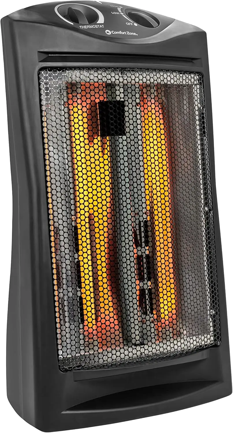 

Portable Electric Heater with Adjustable Thermostat, Infrared Quartz Tower for Indoor Use, 2 Heat Settings, Black