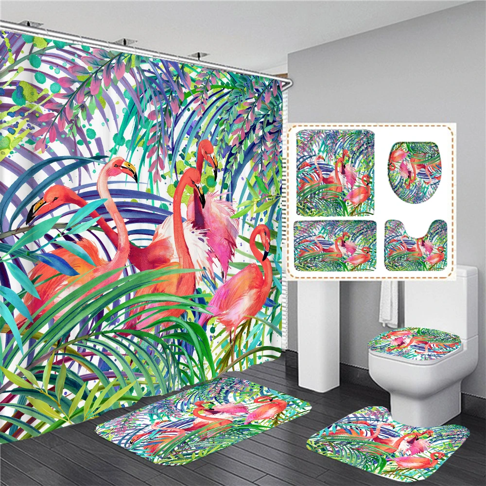 

Tropical Plant Flamingo Printed Shower Curtain Set Bathroom Bathing Screen Anti-slip Toilet Lid Cover Carpet Rugs Kitchen Decor