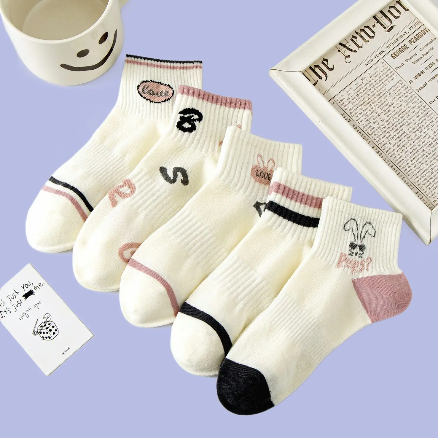 5/10 Pairs Women's Socks Pink Rabbit Cotton Socks Student Shallow Mouth Socks Sports Autumn Breathable New Pink Trendy Socks