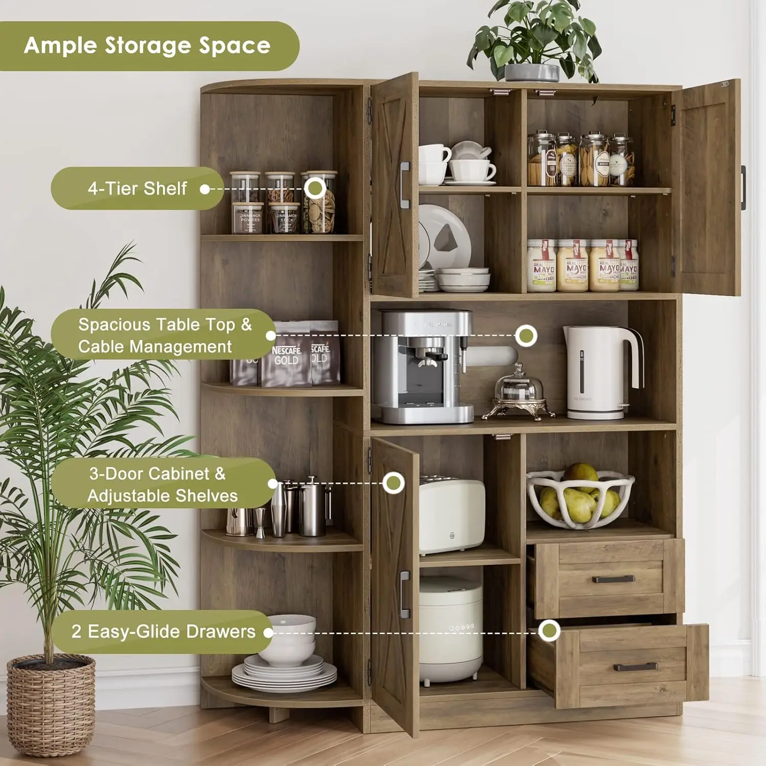 Farmhouse Kitchen Pantry Storage Cabinet, Hutch Autoportante com Portas e Prateleiras, Buffet Aparador, 60,4"