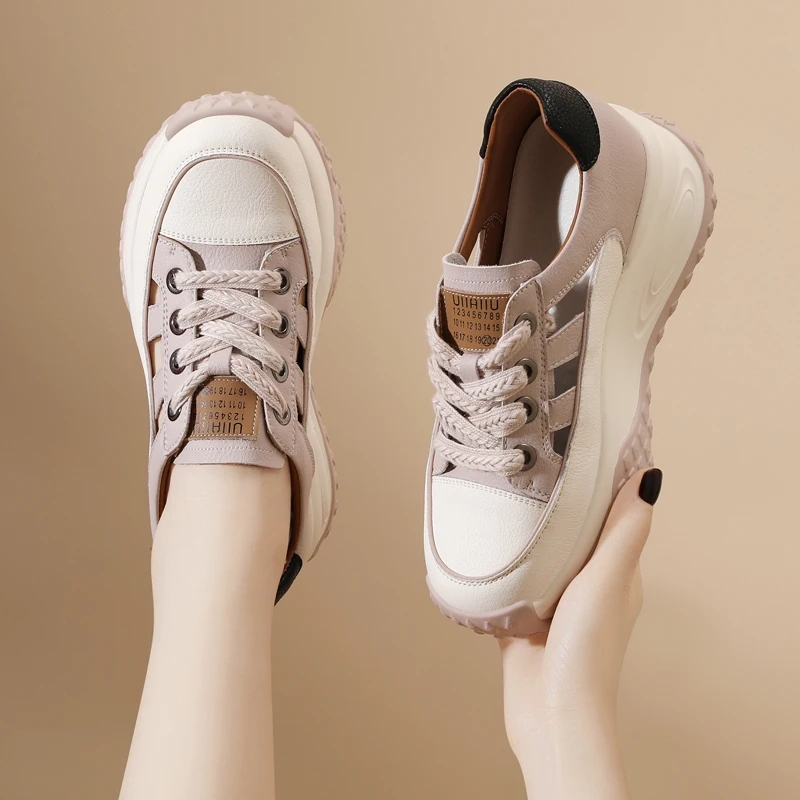 AUTUSPIN Size 34-40 Women Genuine Leather Platform Sandals Summer Fashion Hollow Sneakers Shoes Breathable Comfortable Sneaker