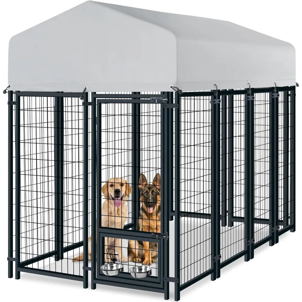 Dog Kennel Outside for Large Dog Pen Outdoor with Roof Dogs Run Enclosure with 2 Rotating Dogs Bowls Heavy Duty Dog House