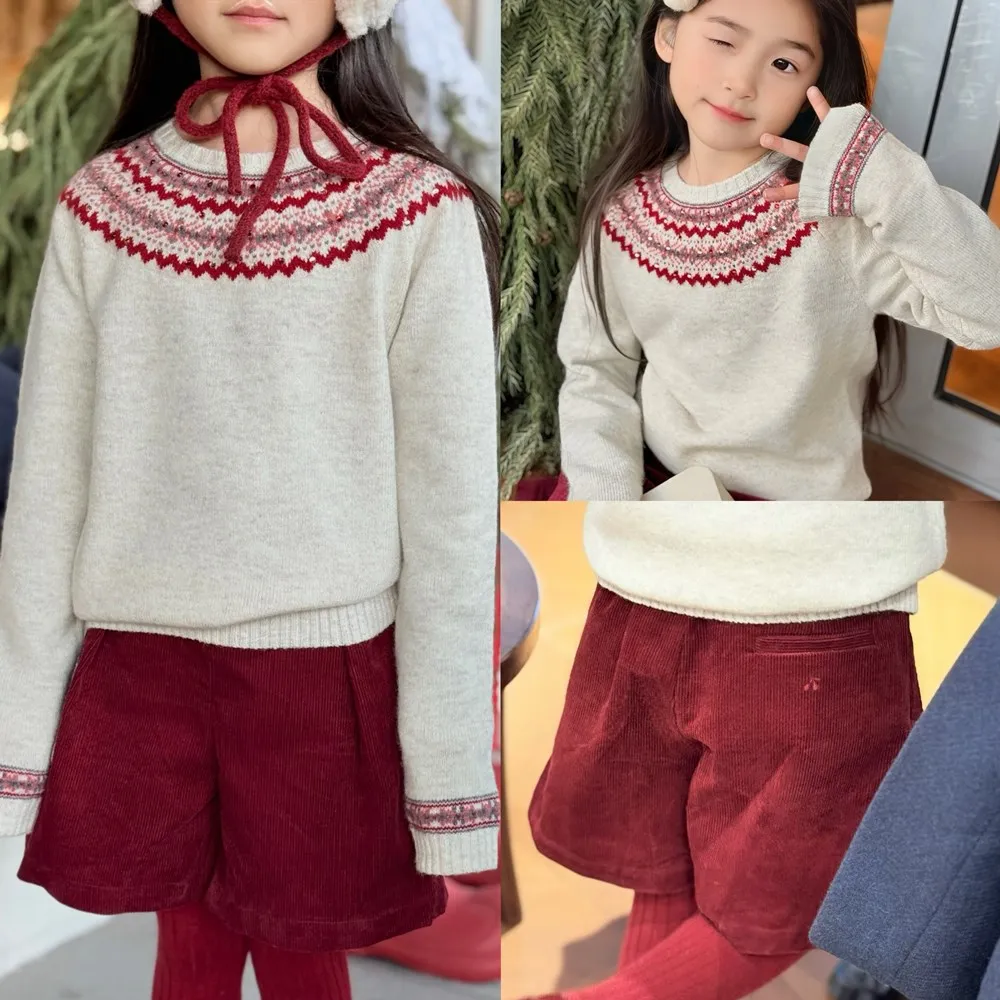 

Детская одежда для девочек: вязаный свитер с красным жаккардовым узором, милый свитер для девочек, 100% шерсть, удобный свитер, топ для девочки