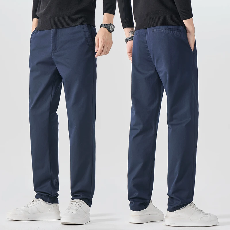 

Весенне-осенние мужские прямые брюки, повседневные деловые классические однотонные тонкие мужские брендовые брюки с эластичной резинкой на талии, мужские брюки
