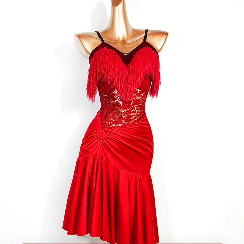Sleeveless Tango Dress Fluffy Samba Red Women's Sexy Sling Strap Latin Dance Clothing Practice Clothes Performance Use