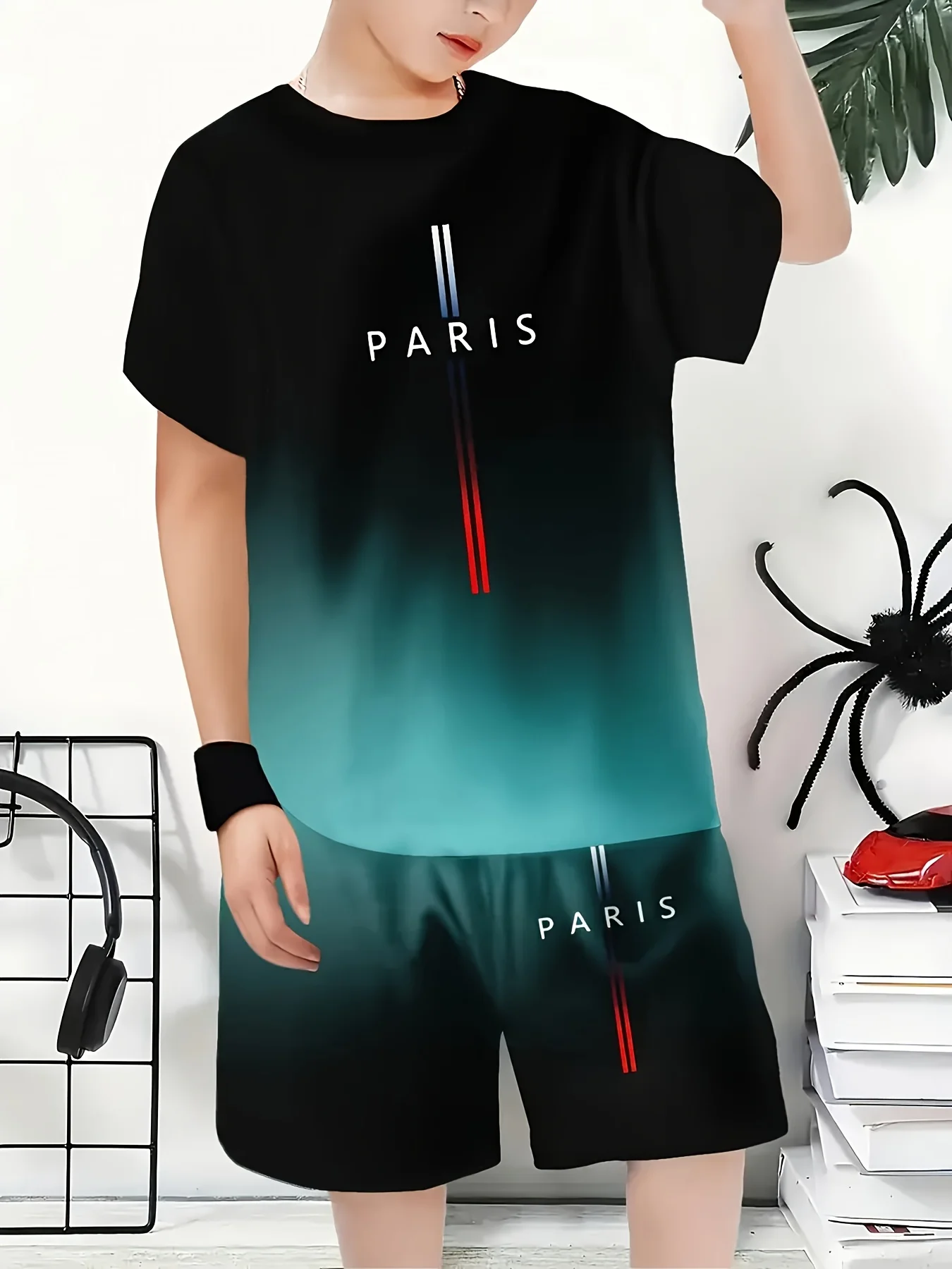 Boys' Fashionable 3D Printed Casual Shorts T-shirt Set, Perfect Choice for Outdoor Activities in Spring and Summer