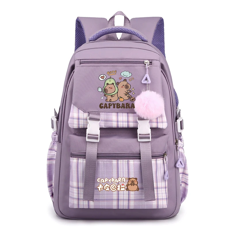 Kawaii Avocado Capybara Print Plaid Splicing Backpack Teen Men Women Multi Pocket Student Laptop School Bag Mochilas Para Mujer
