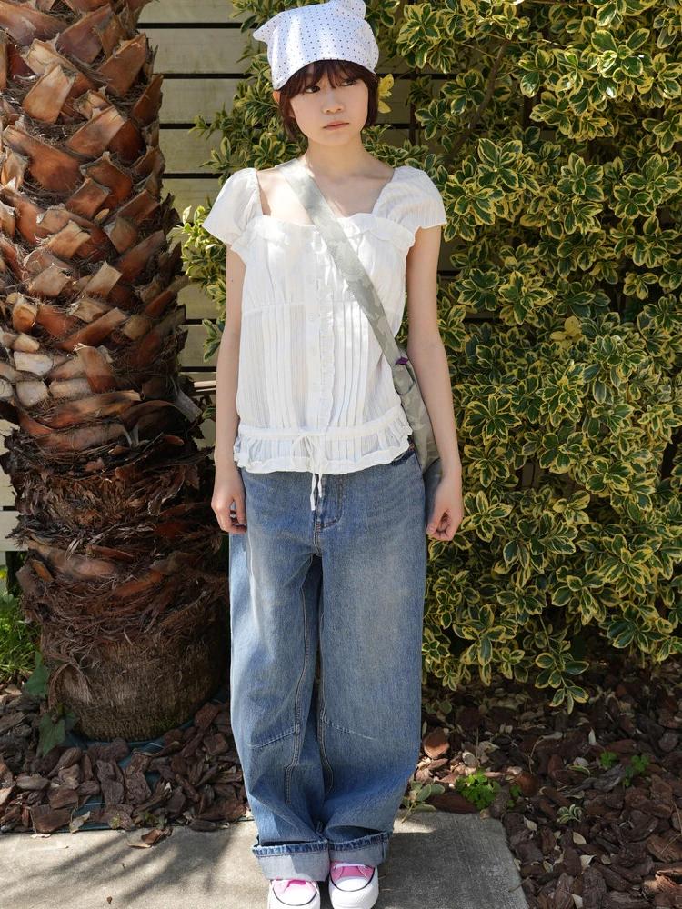 Summer ort Sve Lace Trim Belted Waist Slimming Design Women's irt Casual Commute Sle Loose Fit Regular Length Pure C...