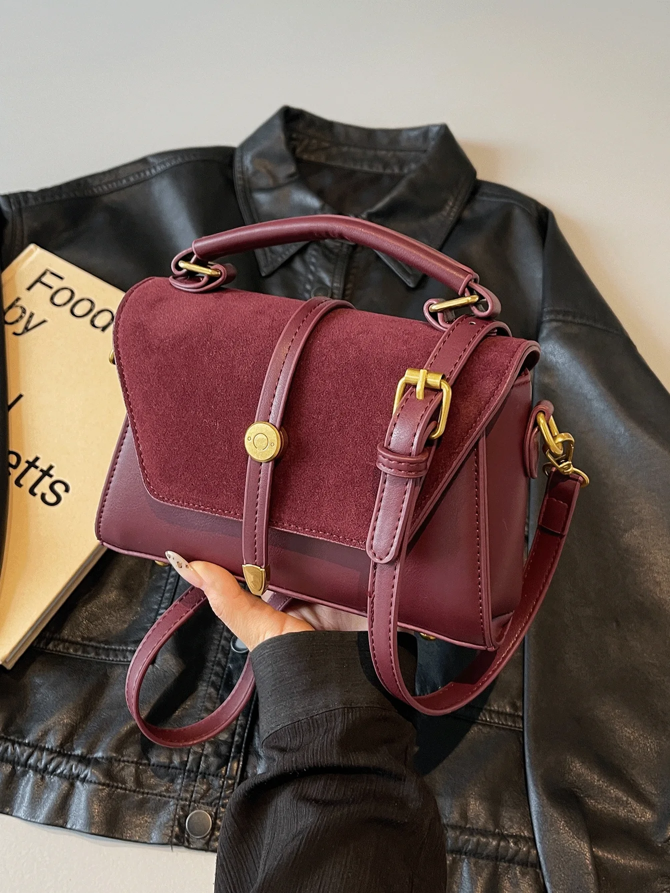 

Burgundy Suede Flap Top-Handle Bag with Gold Buckle & Adjustable Strap