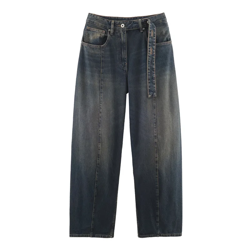 Low Waist Loose Fit Jeans Women's Casual Belt Decorated Trousers European Sle Cotton Jeans Winter Collection Ladies