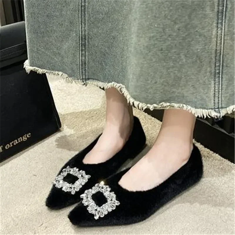 2024 Spring Autumn Women Cotton Loafer Flats Shoes Fashion Rhinestone Slip On Ladies Flats Women's Comfort Warm House Shoes