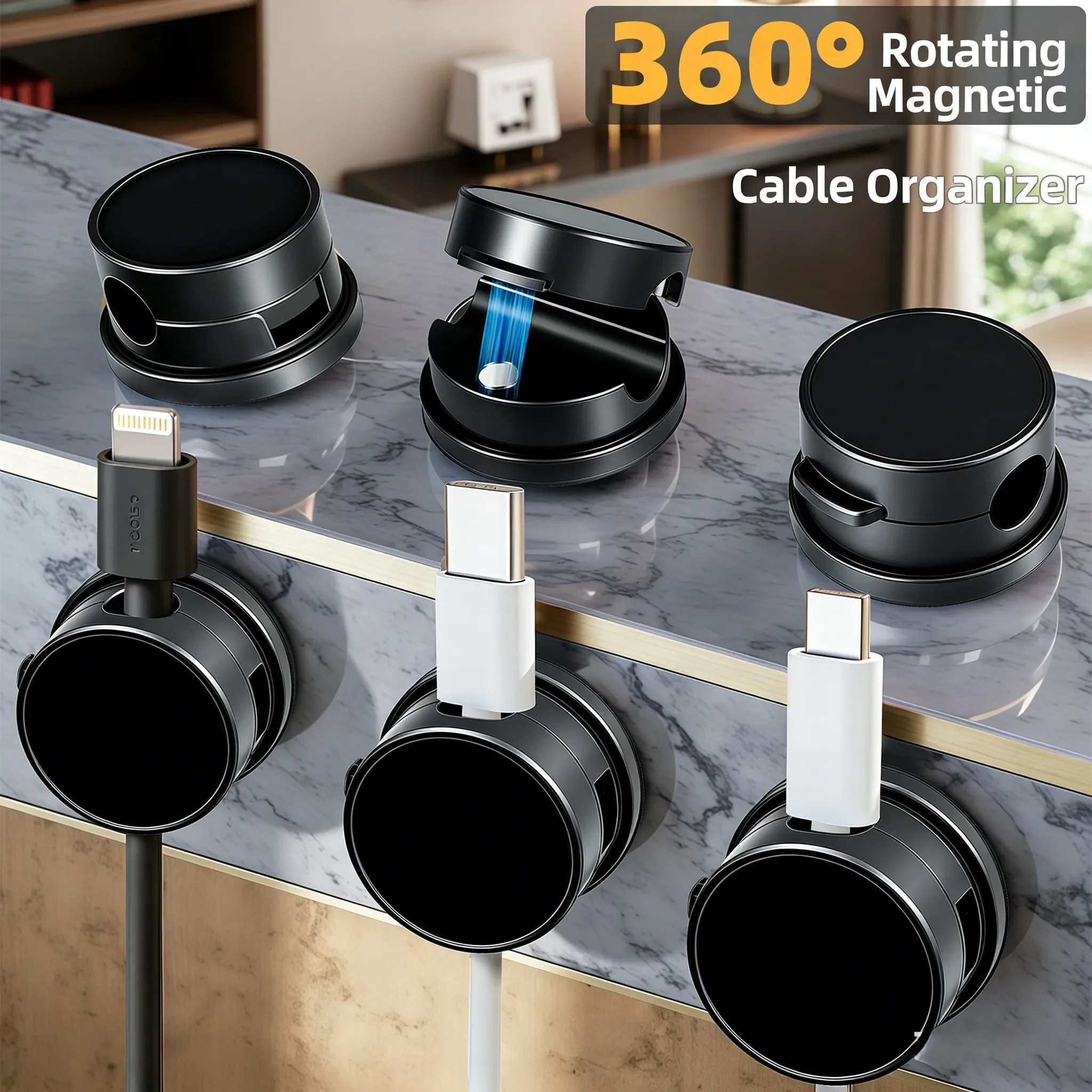 Picture 3: 6PCS 360° Rotation Magnetic Cable Clips Self Adhesive Cord Organizer USB Charger Cable Holder for Desktop Management
