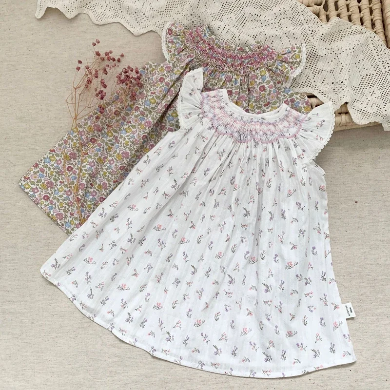 Vestido de verano para niña pequeña, prenda suave e informal con mangas voladoras, bordado a mano, 100% algodón