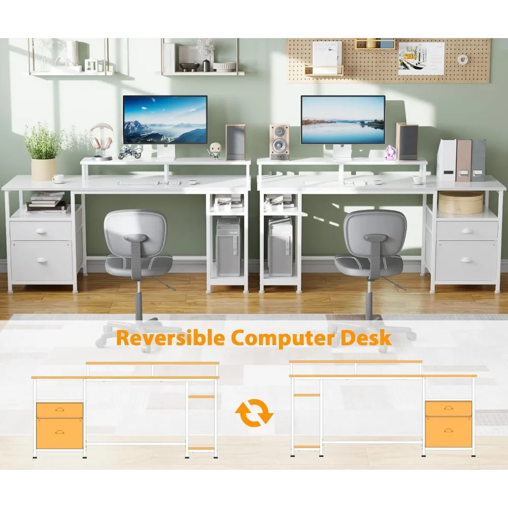 61" Computer Desk with Fabric File Cabinet & Drawer, Reversible White Desk with Storage Shelf, Office Desk with Long Monitor