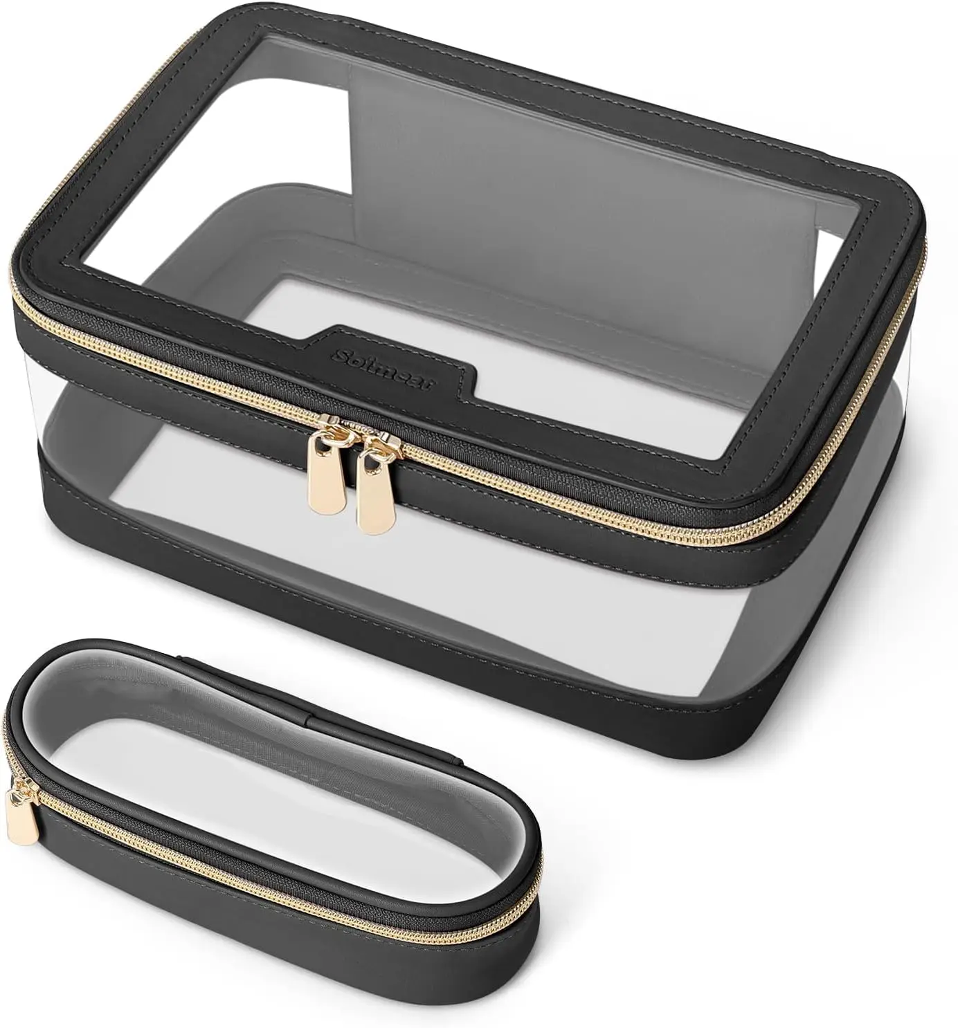 Transparent Travel Cosmetic Bag (Including Loose Powder Brush Bag) + Leather Cosmetic Storage Box + Portable Waterproof Toilet