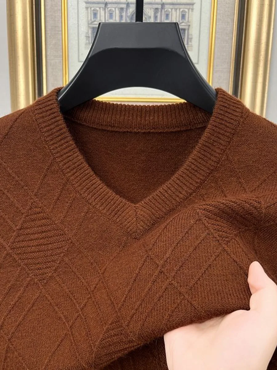 

Мужской свитер Thiened с v-образным вырезом, зимний теплый вязаный кардиган с воротником в форме сердца для папы, подходящая офисная одежда среднего возраста