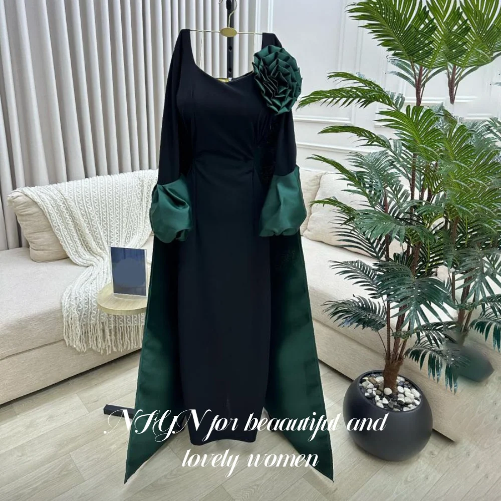 NFYN robes de soirée en Satin noir robe de nuit à manches régulières plis fleurs robe de soirée avec fermeture éclair dos balayage Train personnalisé