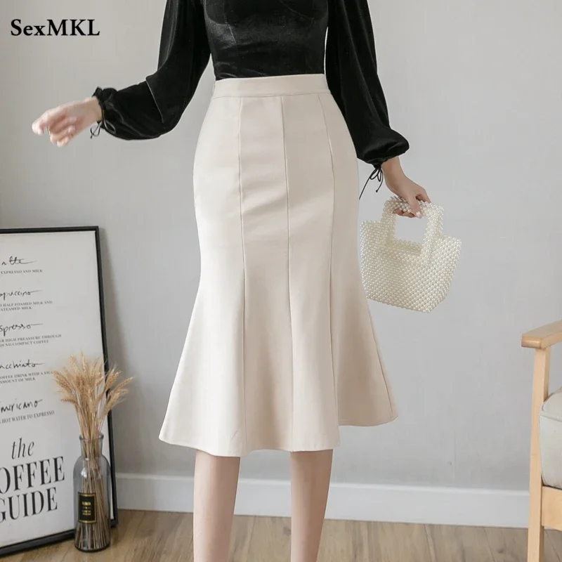 Women High Waist Midi Skirts Oversized Winter Ruffles Black Khaki Office Skirt Y2k Korean Fashion Package Hip Long Mermaid Skirt