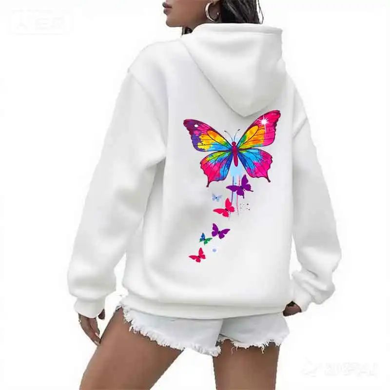 Sudadera con capucha con estampado de mariposa colorida para mujer, ropa informal de calle para primavera y otoño, Top con mangas en los hombros, ropa versátil de tendencia Y2K