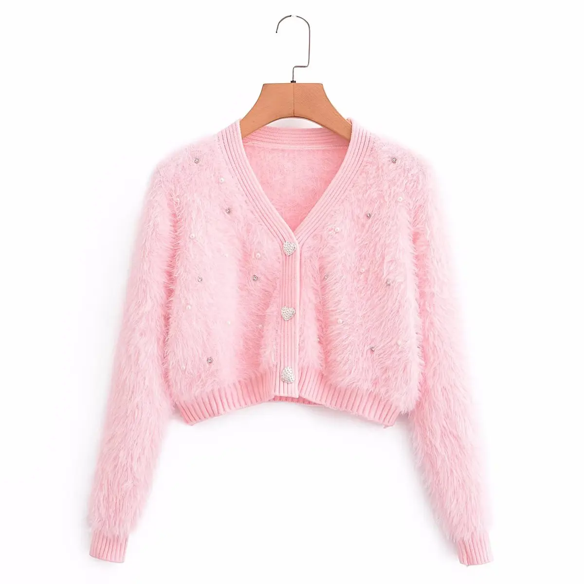 Chic Pink Mohair Knitted Cardigan V-Neck Long Sleeved Beading Short Sweater Spring Autumn Fashion Knitwear Outerwear