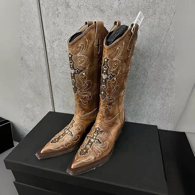 

New Retro Knight Boots Women Embroidered Western Cowboy Boots Women Thick High Heels Pointed Toe Boots Women Botines Mujer