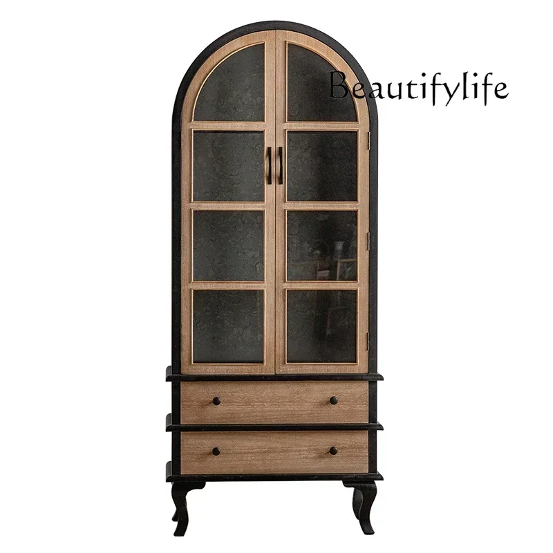 A French retro solid wood two-door bookcase, living room glass display case, floor-to-ceiling bookcase with drawers against the