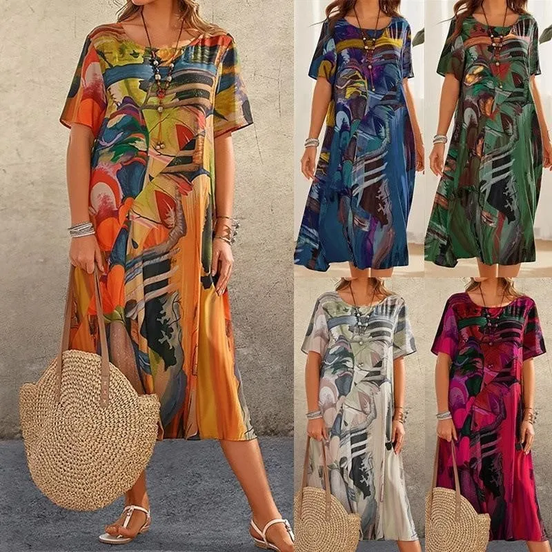 

2025 Summer Print Dress casual short sleeve Middle Age Vintage Elegant Large Size Loose O-Neck Women loose vestidos verano moda