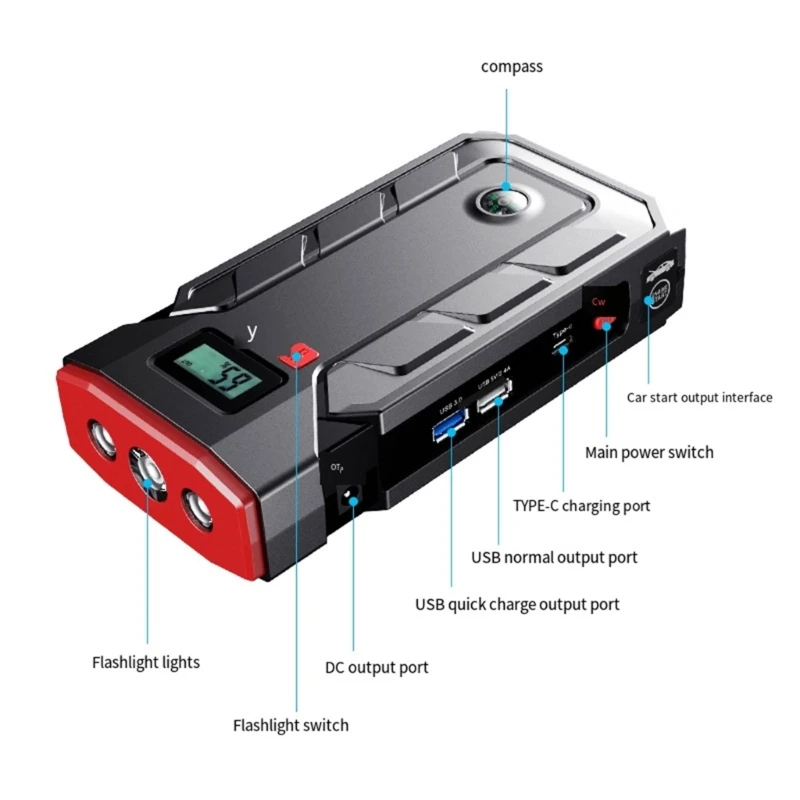 Automotive-Starter Emergency Air Compressor Power Supply Built-in LED Flashlight Battery Booster