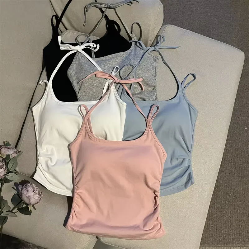 

Summer Short Irregular Strap Vest Women's Fashion Slim Fit Outerwear Spicy Girl Bandage Top Cotton Polyester Blend Pure Color