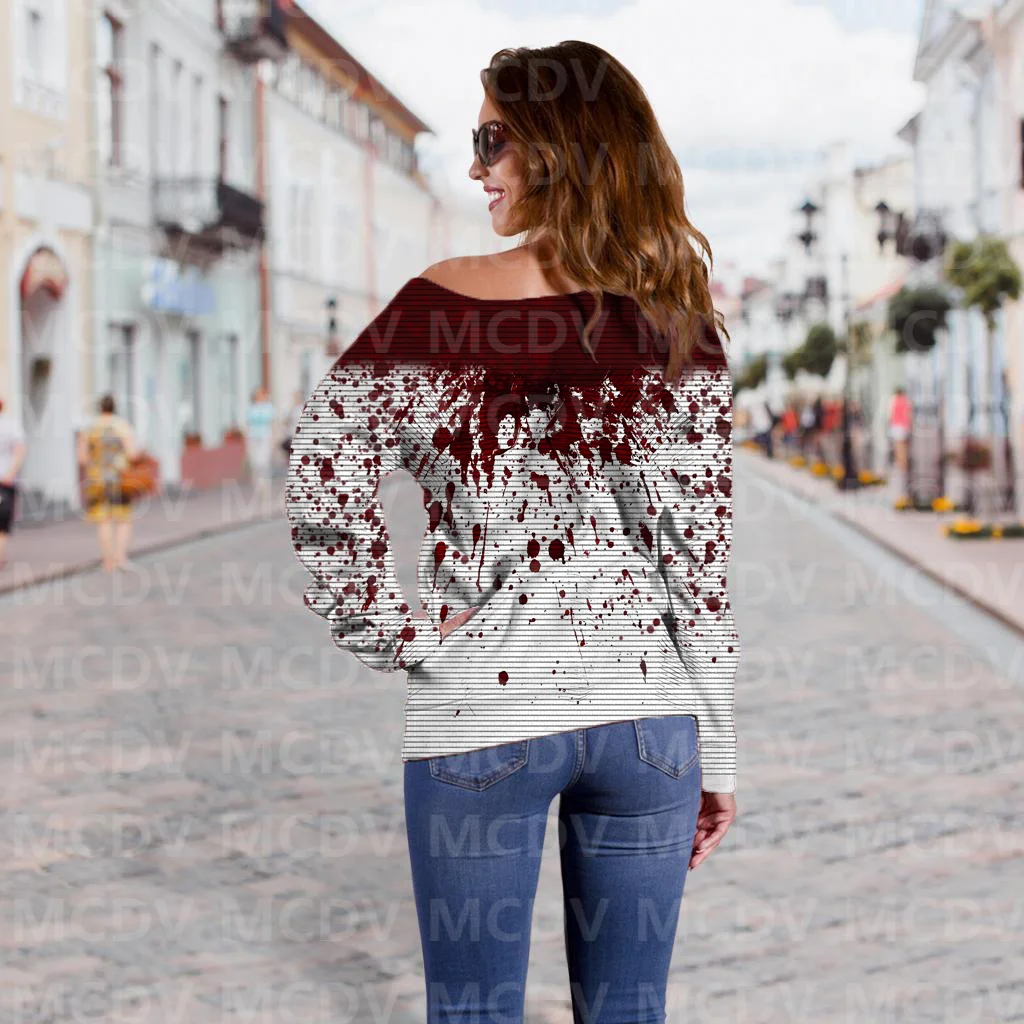 Suéter con hombros descubiertos para mujer, Jersey informal de manga larga con estampado 3D de Halloween