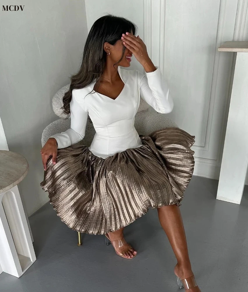 Personalizado sexy jérsei a linha vestido de noite temperamento com decote em v mangas compridas na altura do joelho vestidos de ocasião sob medida tamanho personalizado