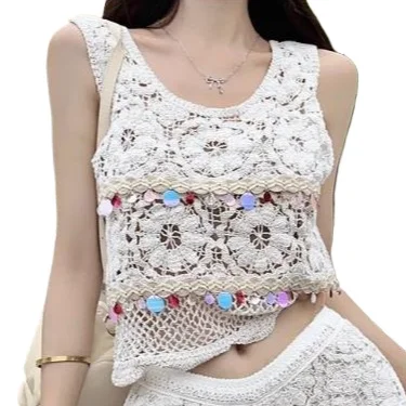 

bead work seaside wear sequined tanks tops women summer crochet tanks