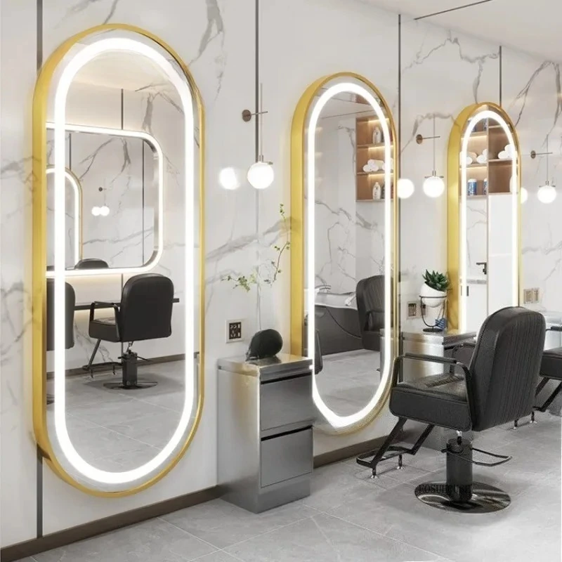 Luxury Barber Shop Mirror Station with Led Light Hair Salon Furniture Nordic Wall Mounted Touch Screen Hairdressing Mirrors P