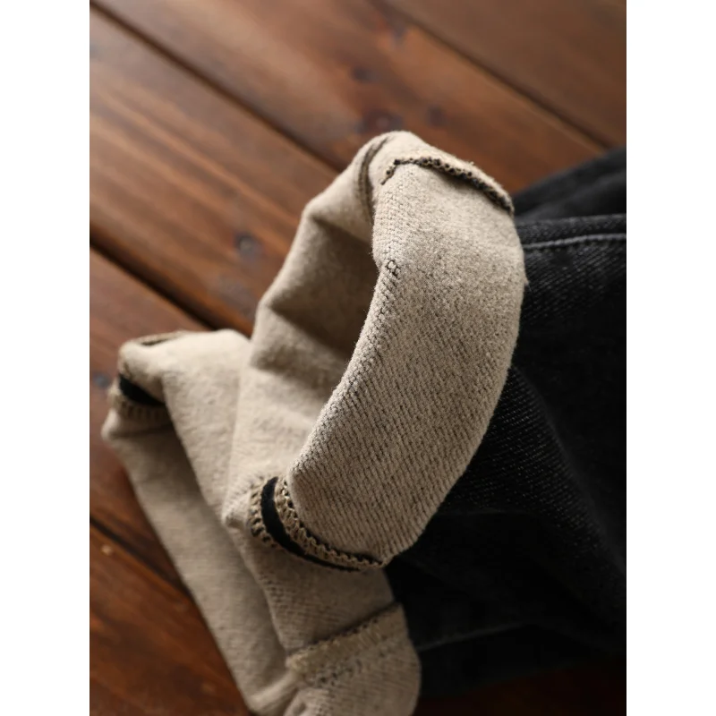 2025 الشتاء الصوف الدافئة الجينز الرجال موضة مطاطا بناطيل ضيقة التطريز عادية سماكة الرجال السراويل