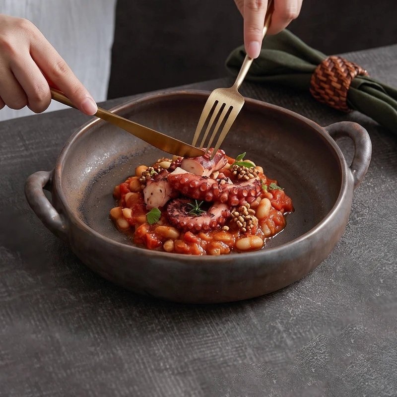 Dark Brown Irregular Ceramic Double-handled Bowl Rough and Rustic Restaurant Shallow Plate Suitable for Cooking Soups and Pasta