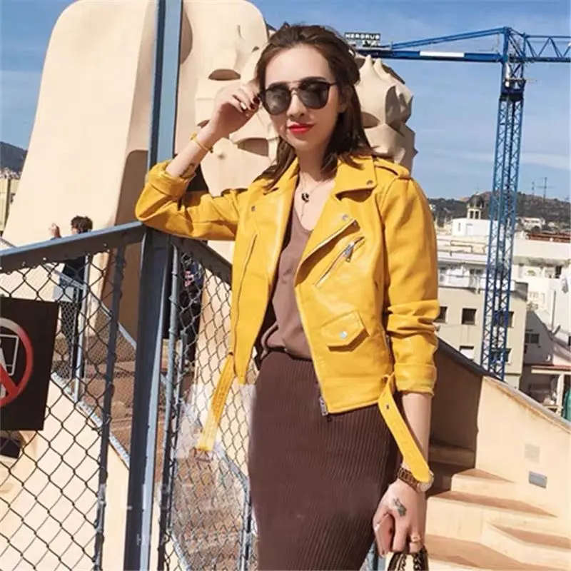 Primavera autunno ecopelle giallo Bomber giacca locomotiva cintura PU cappotto cerniera Cardigan colletto rovesciato Streetwear Crop top