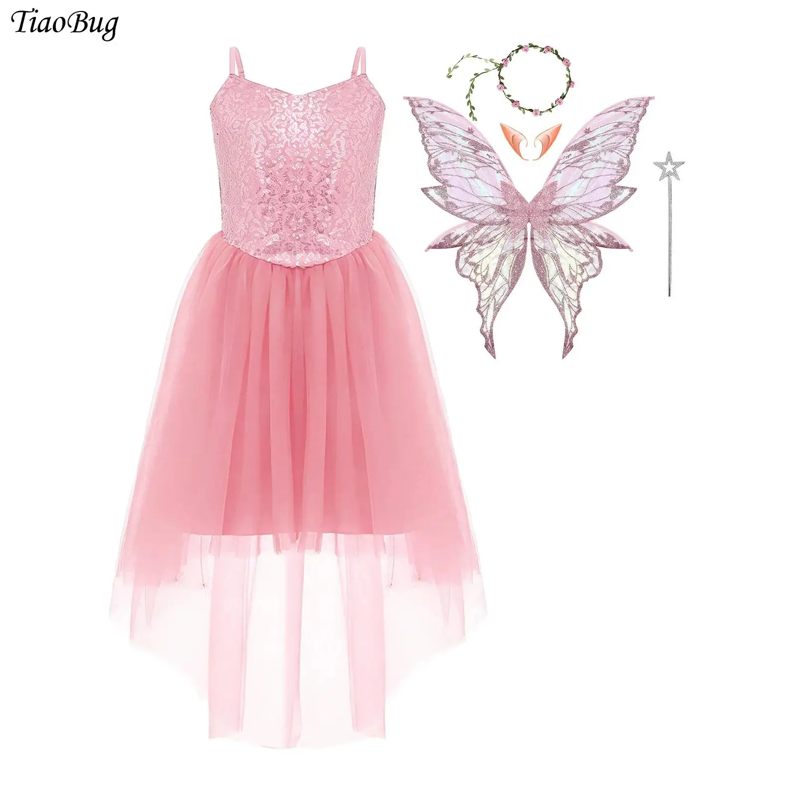 

Halloween Fairy Princess Dress Up Glittery Sequin High-low Tulle Hem Sling Dress Wings Xmas Party Forest Fairy Cosplay Clothing