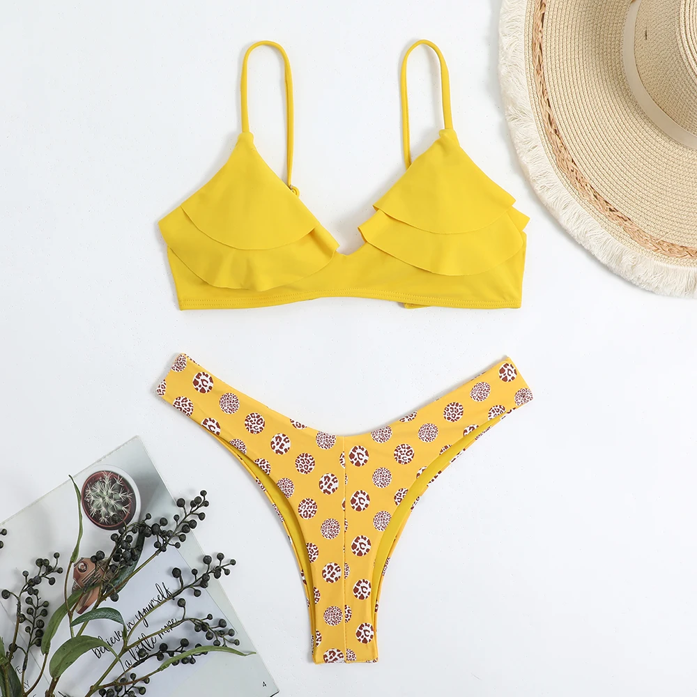 

2024 Print Two Piece Bikini Set Ruffle Thong Women Swimwear Female Swimsuit Bathers Bathing Swimming Suit Beachwear Summer