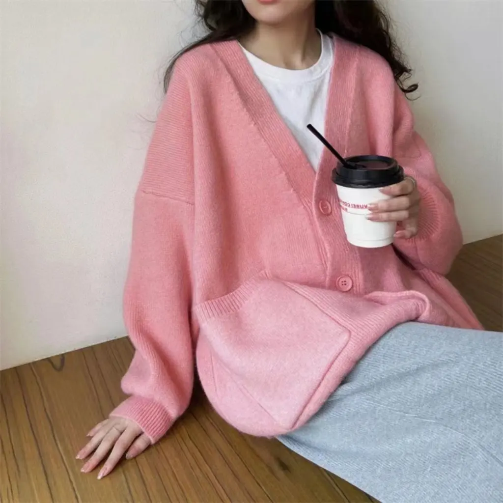 

Women's Korean Style Candy Color Solid Knitted Cardigan Soft Waxy Fabric Spring Autumn Winter Fashion Lazy Style Sweater
